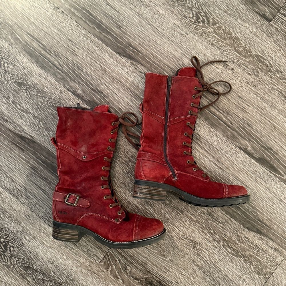 Taos Footwear Red Suede Lace-Up Mid-Calf Combat Boots